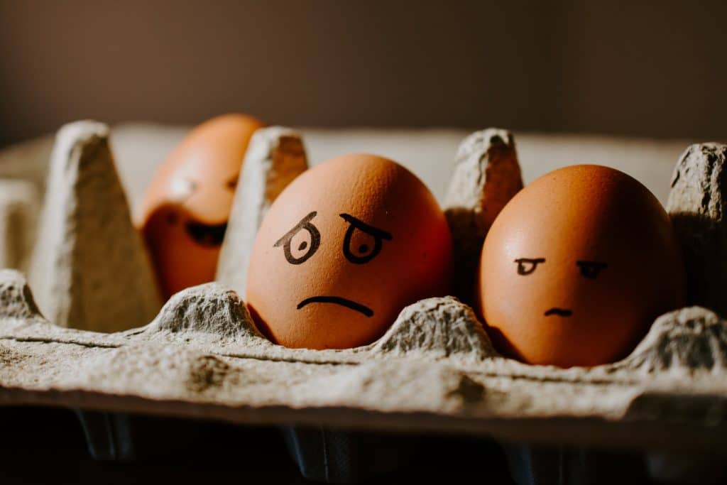 brown eggs in a carton one wiht a worried face and one with a neutral face.