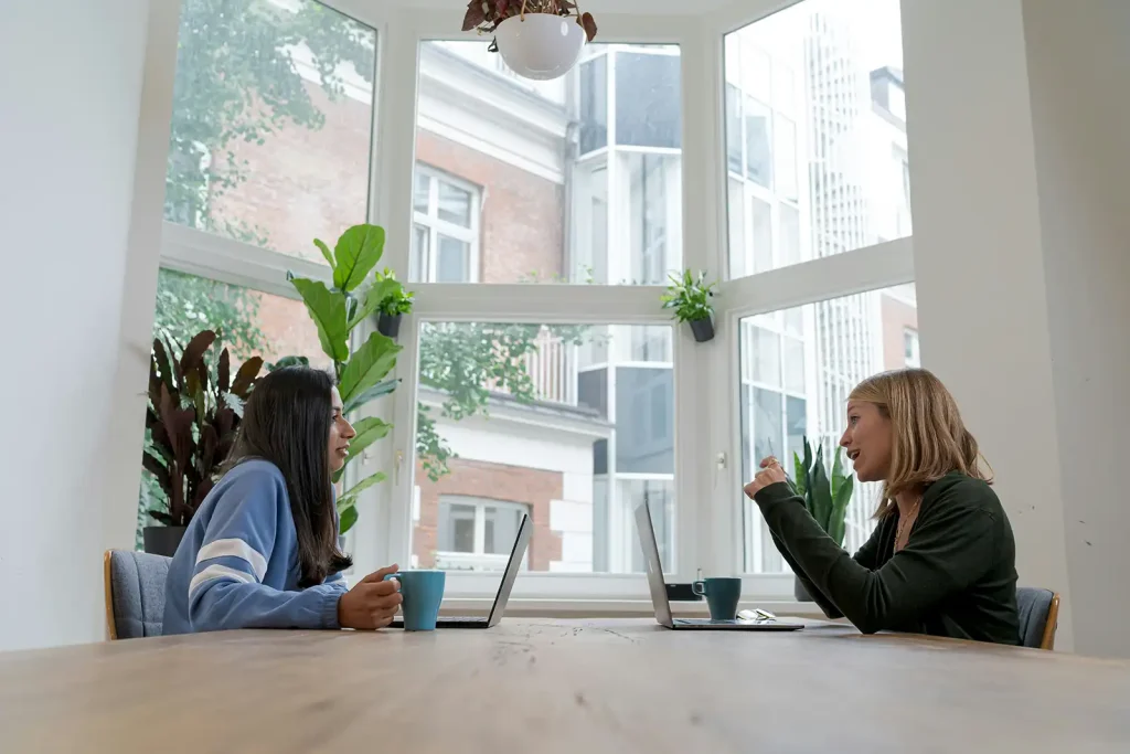 Two women talking about nonprofit funding at a table with windows behind them on computers. Photo credit: https://unsplash.com/photos/woman-in-black-long-sleeve-shirt-sitting-beside-woman-in-blue-long-sleeve-shirt-D4D1WzaVpk8?utm_content=creditShareLink&utm_medium=referral&utm_source=unsplash